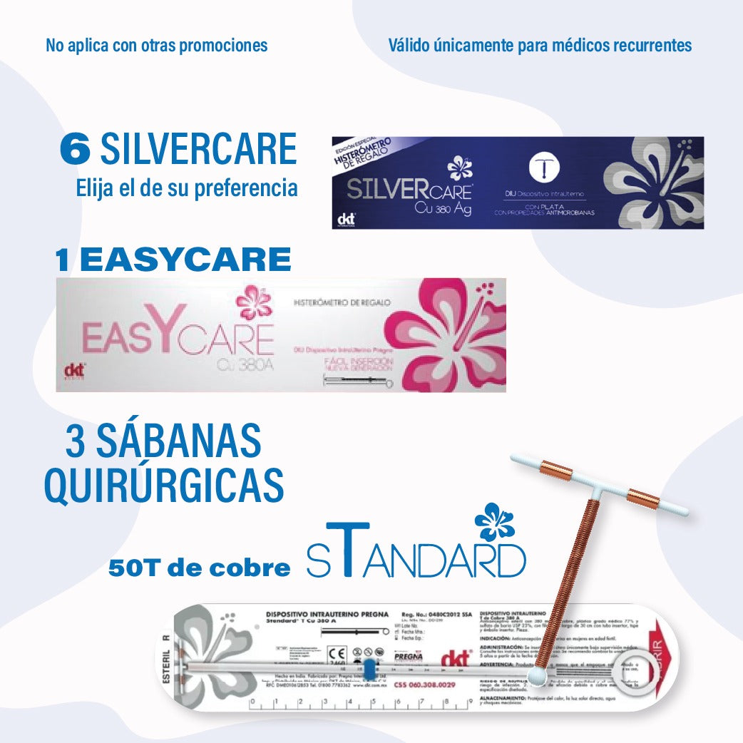 Kit 6 SilverCare + EasyCare DKT — bundle DIU plata antimicrobiana para médicos recurrentes, regalo 50 DIU Standard y sábanas quirúrgicas