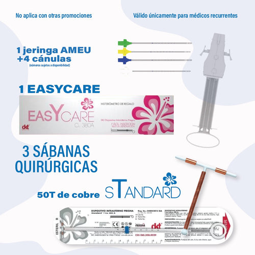 Kit EasyCare + AMEU DKT — equipo aspiración uterina y DIU, regalo Standard 50T y sábanas quirúrgicas