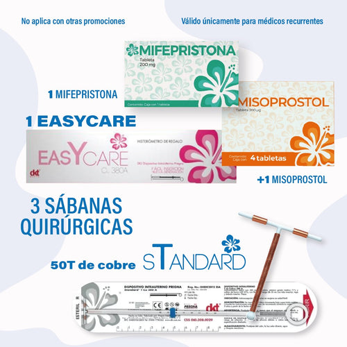 Kit EasyCare + Protocolo Mife/Miso x1 DKT — presentación individual protocolo OMS, regalo 50 DIU Standard y sábanas quirúrgicas
