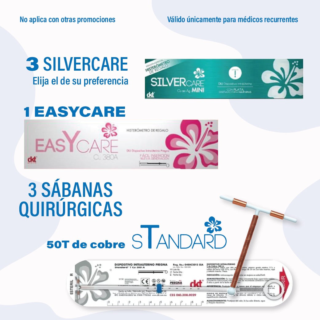 Kit 3 SilverCare Mini + EasyCare DKT — bundle DIU plata compacto nulíparas volumen moderado, regalo 50 DIU Standard y sábanas