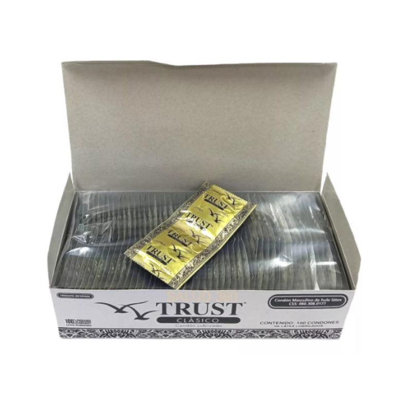 Condón TRUST Clásico - caja abierta con condones individuales