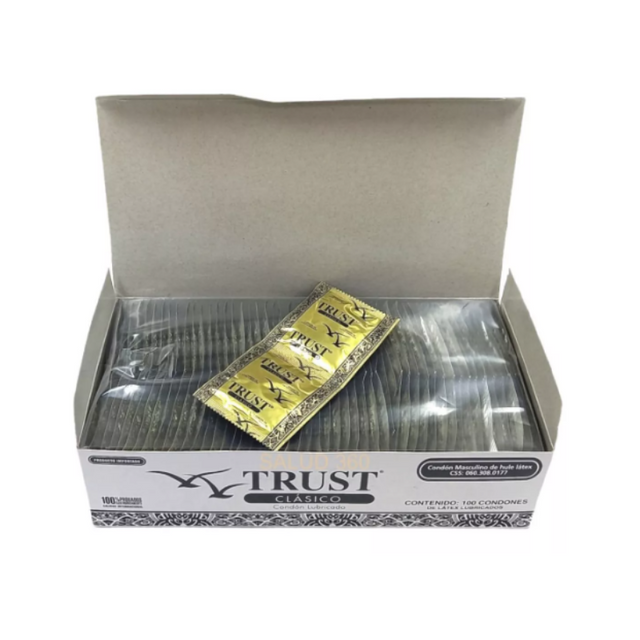 Condón TRUST Clásico - caja abierta con condones individuales
