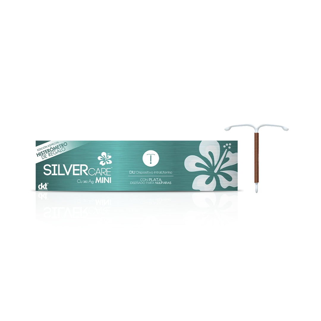 DIU SilverCare Mini Cu 380 Ag DKT — versión compacta DIU de plata antimicrobiana diseñado para nulíparas, incluye histerómetro